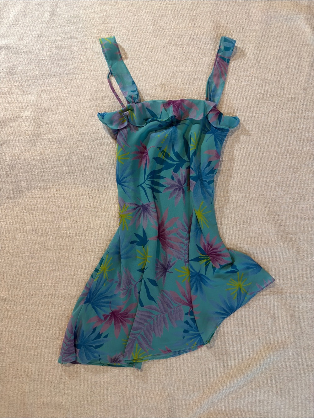 Floral Teal Mini Dress with Ruffle Neckline